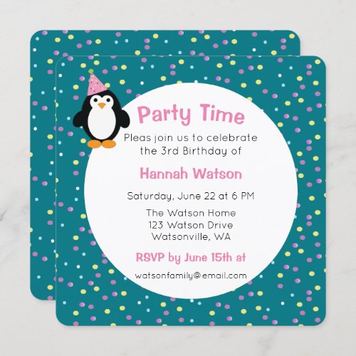 Cute Party Penguin Birthday Party Invitation