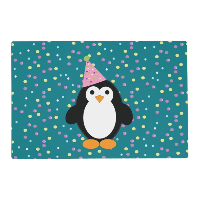 Cute Party Penguin With Confetti Background Placemat (Front)