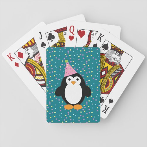 Cute Party Penguin with Confetti background Poker Cards