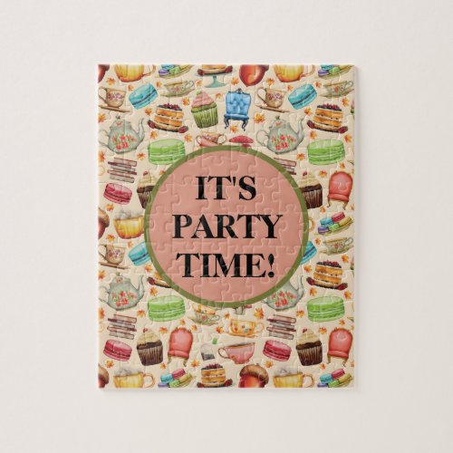 Cute Party Time Colorful Cupcakes and Teapots Jigsaw Puzzle