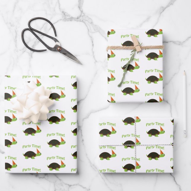 Cute Party Time Turtle Wrapping Paper Sheets (Front)
