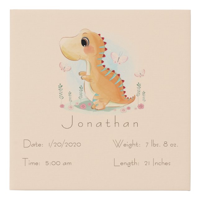 Cute Pastel Adorable Baby Dinosaur Personalized Faux Canvas Print (Front)