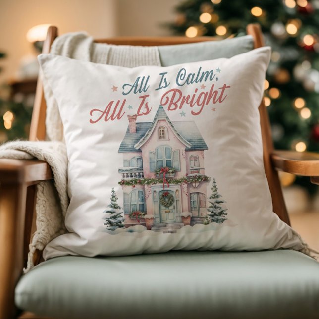 Cute Pastel All is Calm, All is Bright Christmas  Throw Pillow (Creator Uploaded)
