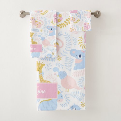 Cute Pastel Animal Monogrammed Girl Pink Bathroom Bath Towel Set