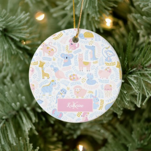 Cute Pastel Animal Monogrammed Girl Pink Christmas Ceramic Ornament