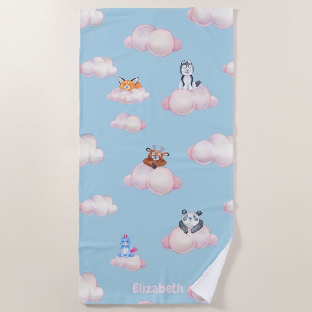Cute Pastel Animals On Clouds Monogram Beach Towel (Front)