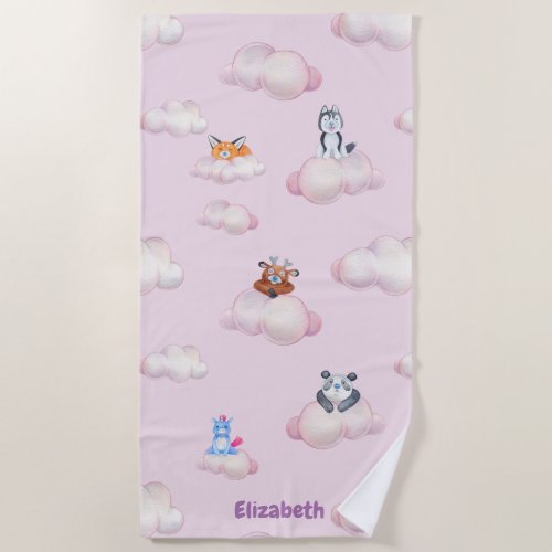 Cute Pastel Animals On Clouds Monogram Beach Towel