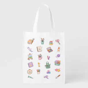 Cute Pastel Art and Craft Supplies Illustration Grocery Bag