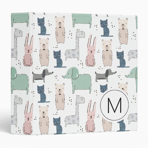 Cute Pastel Baby Animal Pattern 3 Ring Binder