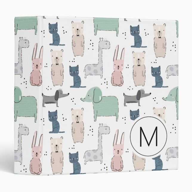 Cute Pastel Baby Animal Pattern 3 Ring Binder (Front/Spine)