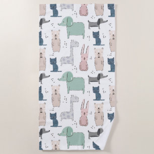 Cute Pastel Baby Animal Pattern Beach Towel