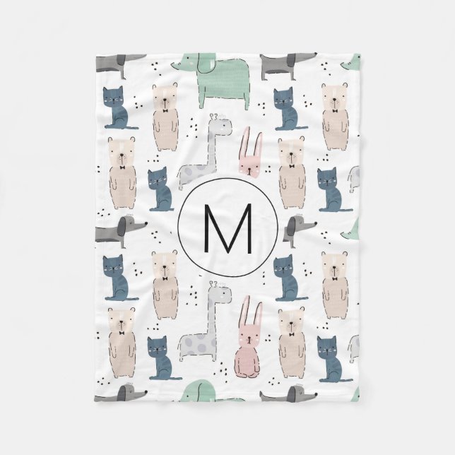 Cute Pastel Baby Animal Pattern Fleece Blanket (Front)