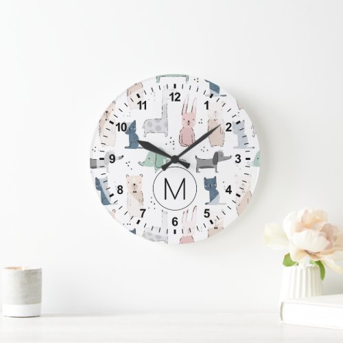 Cute Pastel Baby Animal Pattern Large Clock