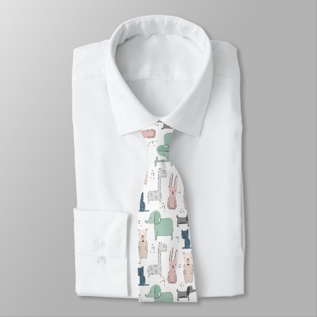 Cute Pastel Baby Animal Pattern Neck Tie (Tied)