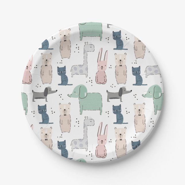 Cute Pastel Baby Animal Pattern Paper Plates (Front)