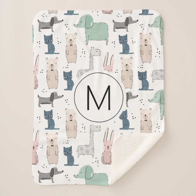 Cute Pastel Baby Animal Pattern Sherpa Blanket (Front)