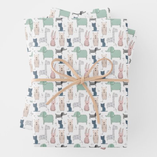 Cute Pastel Baby Animal Pattern Wrapping Paper Sheets