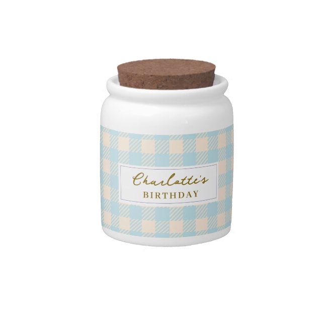 Cute pastel baby blue preppy gingham plaid checked candy jar (Front)