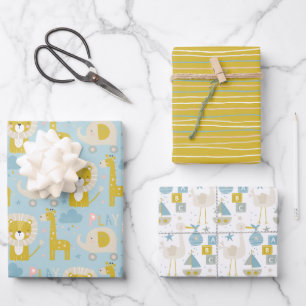 Cute Pastel Baby Boy Blue Elephant Stork Giraffe Wrapping Paper Sheets