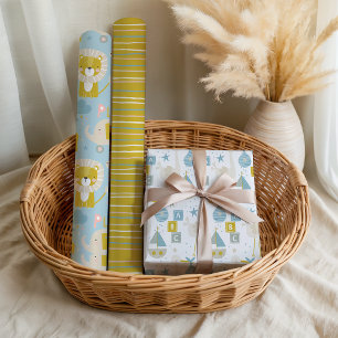 Cute Pastel Baby Boy Blue Elephant Stork Giraffe Wrapping Paper Sheets