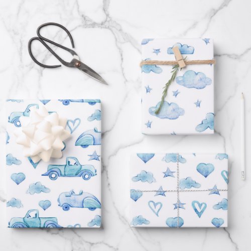 Cute Pastel Baby Boy Blue Trucks Clouds Hearts Wrapping Paper Sheets