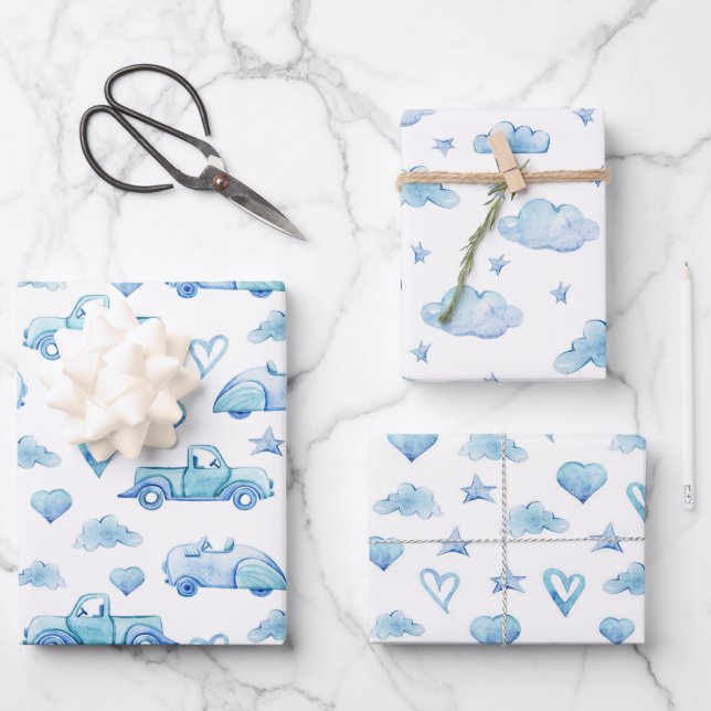 Cute Pastel Baby Boy Blue Trucks Clouds Hearts Wrapping Paper Sheets (Front)