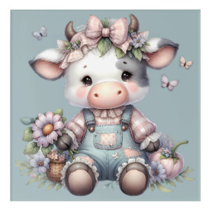 Cute Pastel Baby Cow in Overalls with Flowers Acrylic Print
