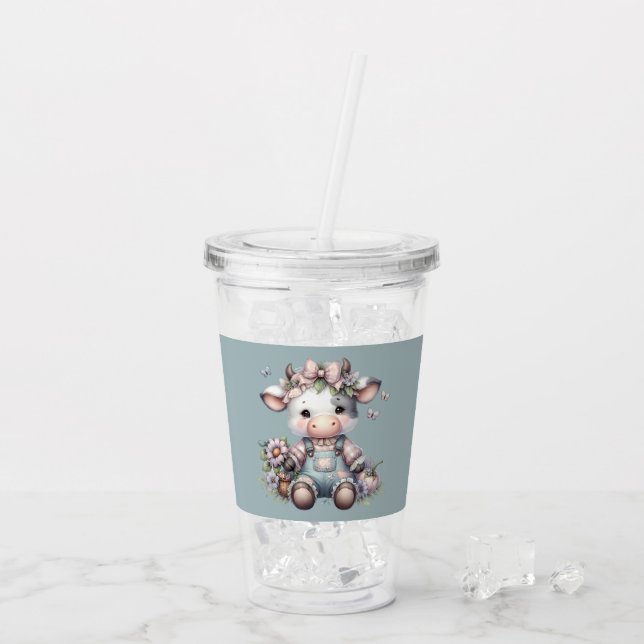 Cute Pastel Baby Cow in Overalls with Flowers Acrylic Tumbler (Back Ice)