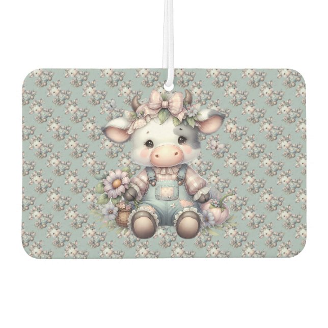 Cute Pastel Baby Cow in Overalls with Flowers Air Freshener (Front)