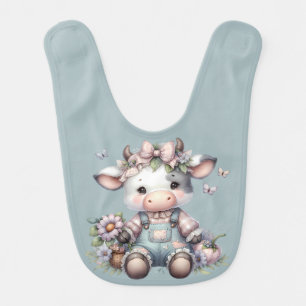 Cute Pastel Baby Cow in Overalls with Flowers Baby Bib