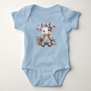 Cute Pastel Baby Cow in Overalls with Flowers Baby Bodysuit