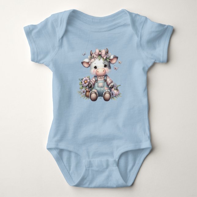 Cute Pastel Baby Cow in Overalls with Flowers Baby Bodysuit (Front)
