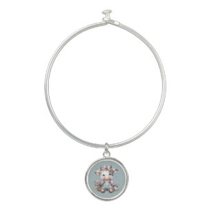 Cute Pastel Baby Cow in Overalls with Flowers Bangle Bracelet