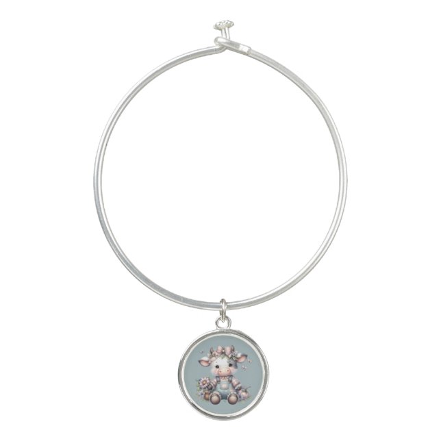 Cute Pastel Baby Cow in Overalls with Flowers Bangle Bracelet (Front)