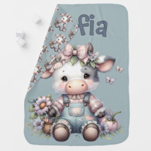 Cute Pastel Baby Cow in Overalls with Flowers Blanket