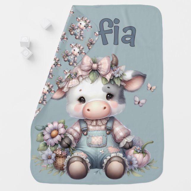 Cute Pastel Baby Cow in Overalls with Flowers Blanket (In Situ)