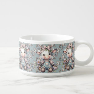 Cute Pastel Baby Cow in Overalls with Flowers Bowl