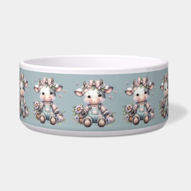 Cute Pastel Baby Cow in Overalls with Flowers Bowl (Front)