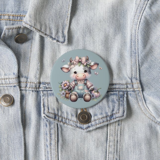 Cute Pastel Baby Cow in Overalls with Flowers Button (In Situ)