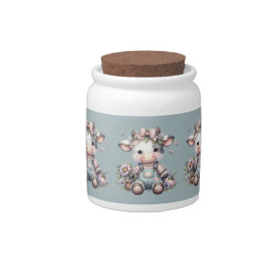 Cute Pastel Baby Cow in Overalls with Flowers Candy Jar
