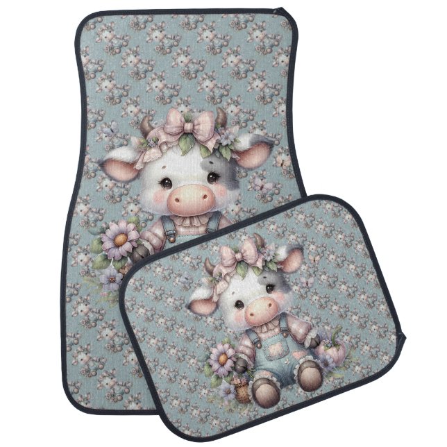 Cute Pastel Baby Cow in Overalls with Flowers Car Floor Mat (Set)