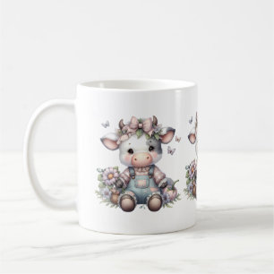 Cute Pastel Baby Cow in Overalls with Flowers Coffee Mug