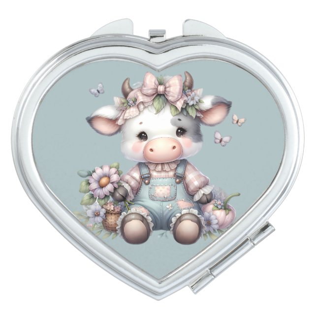 Cute Pastel Baby Cow in Overalls with Flowers Compact Mirror (Front)