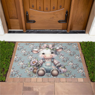 Cute Pastel Baby Cow in Overalls with Flowers Doormat