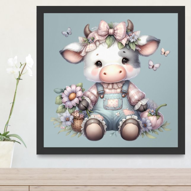 Cute Pastel Baby Cow in Overalls with Flowers Framed Art (Entryway)