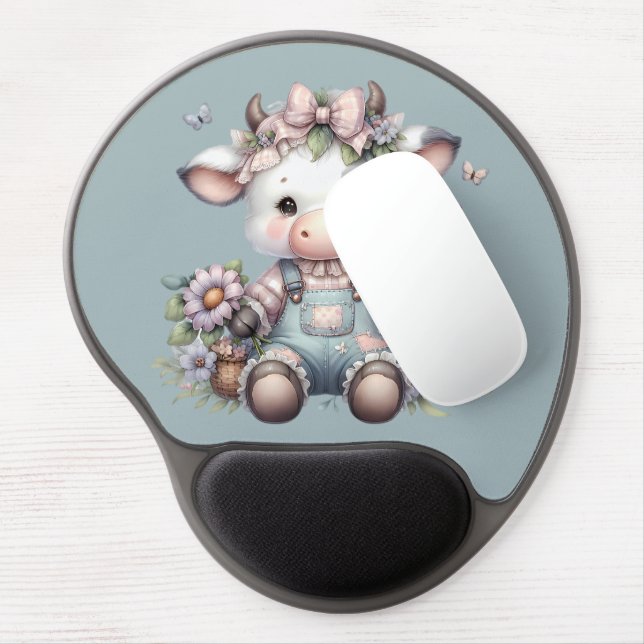 Cute Pastel Baby Cow in Overalls with Flowers Gel Mouse Pad (Left Side)