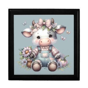 Cute Pastel Baby Cow in Overalls with Flowers Gift Box