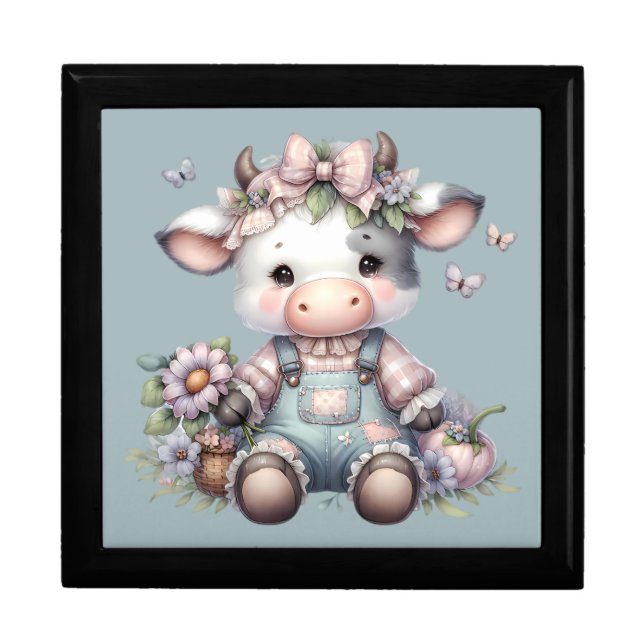 Cute Pastel Baby Cow in Overalls with Flowers Gift Box (Front)