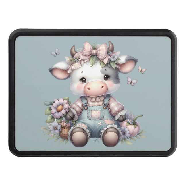 Cute Pastel Baby Cow in Overalls with Flowers Hitch Cover (Front)