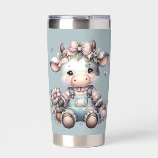 Cute Pastel Baby Cow in Overalls with Flowers Insulated Tumbler